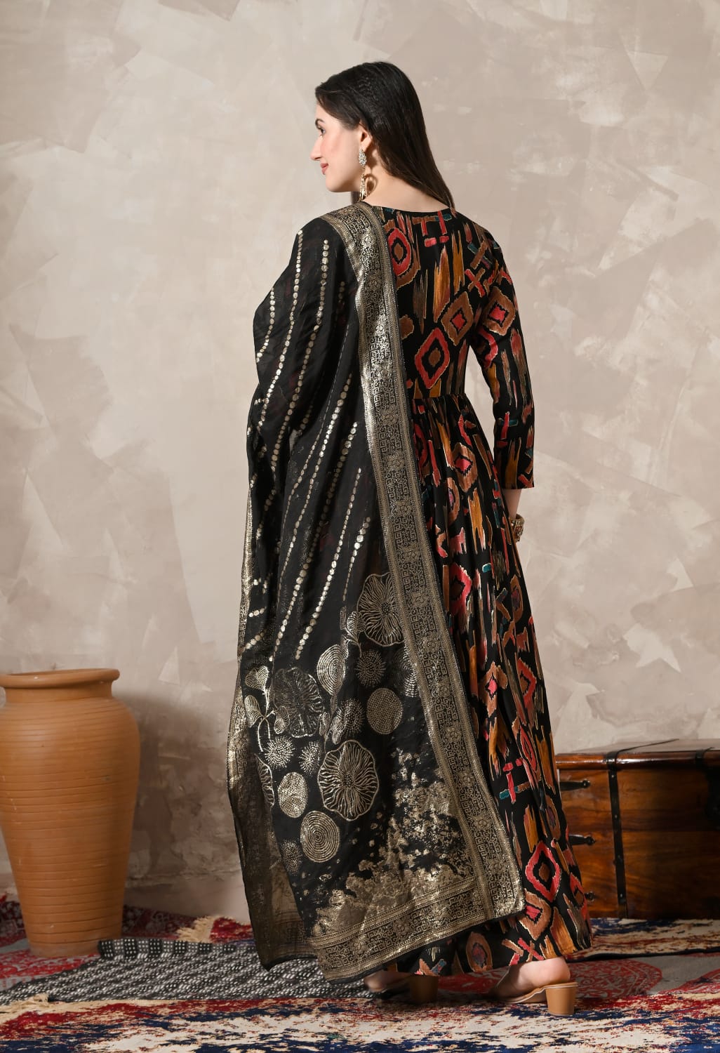 "Graceful Elegance: Stunning Black Gown with Exquisite Dupatta"