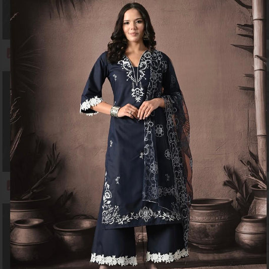 "Chic Indigo Elegance: The Perfect Blue Embroidered Kurta Set With Dupatta"