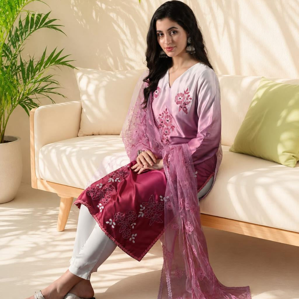 Women's Ombre Pink Embroidered Straight Kurta with Embroidered Net Dupatta V-Neck