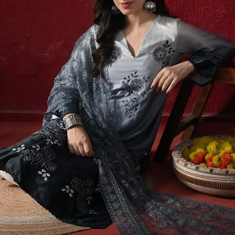Women Gradient Shaded Kurta with White Pants and Embroidered Net Dupatta Set