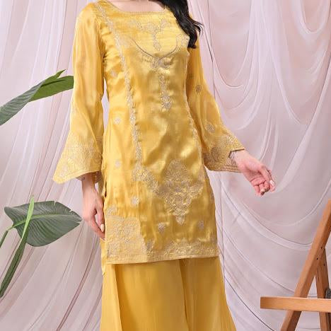 Women Vibrant Mustard Yellow Kurta with Sharara Pants & Embroidered Net Dupatta Set