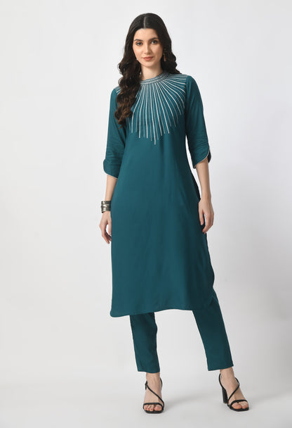 “Bottle green embroidered rayon kurta pant set with a printed dupatta. The kurta features intricate embroidery, paired with matching pants and a vibrant dupatta with distinctive patterns, combining traditional elegance with modern style.”