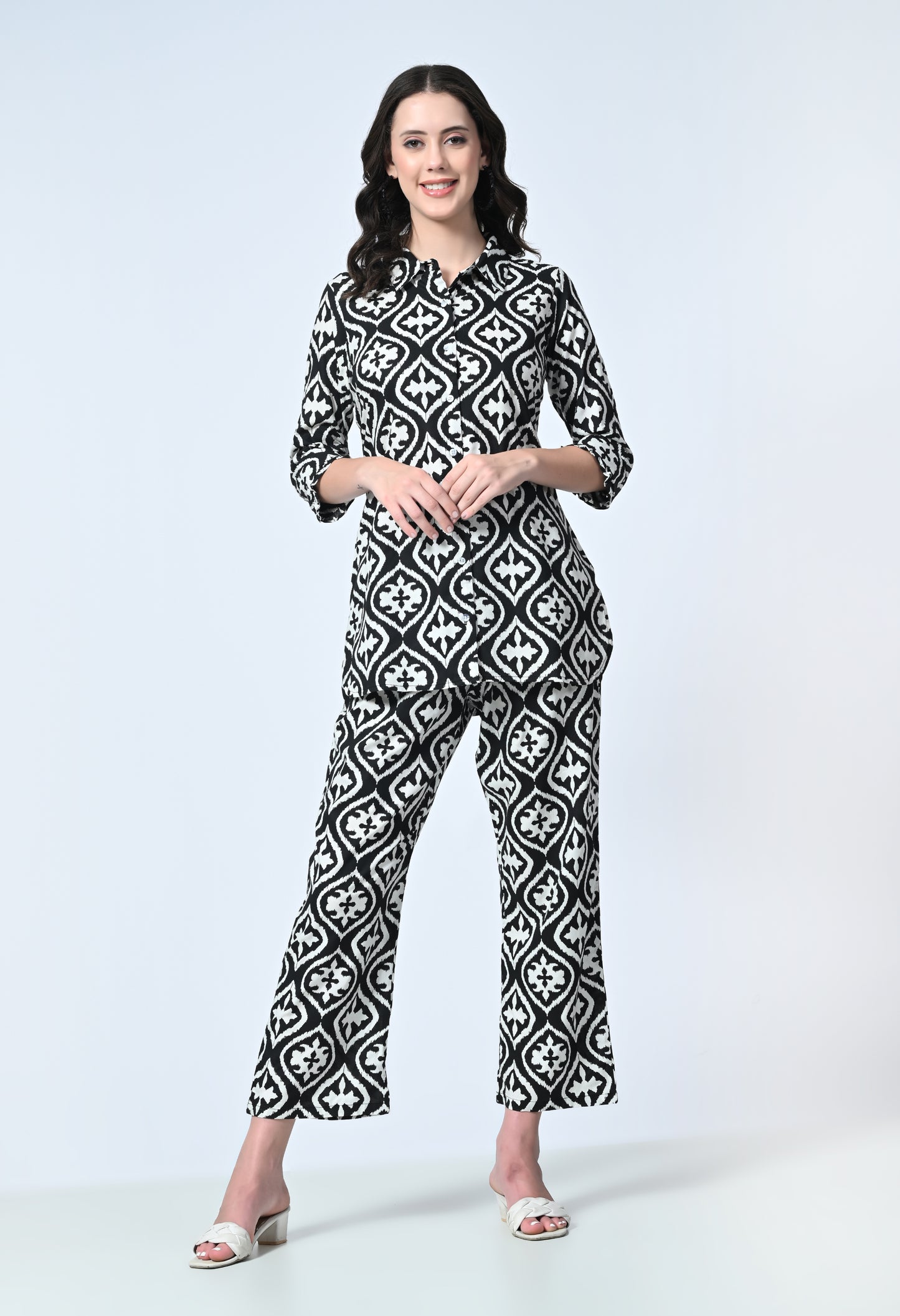 Women Black Printed Shirt Collar Co-Ord Set