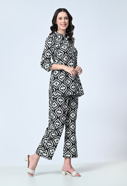 Women Black Printed Shirt Collar Co-Ord Set