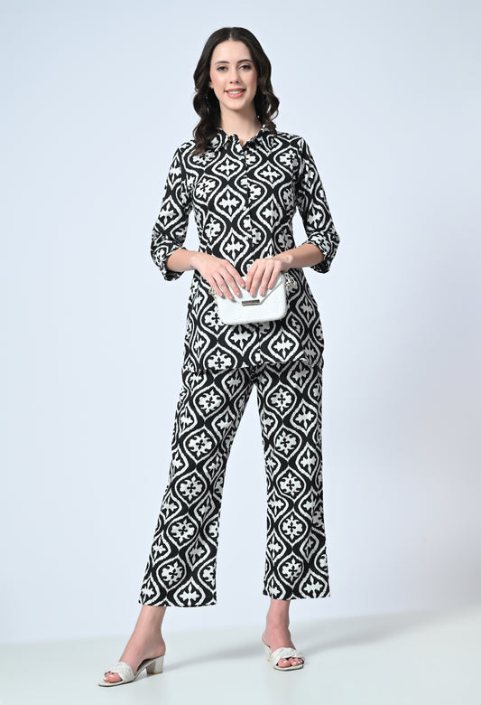 Women Black Printed Shirt Collar Co-Ord Set