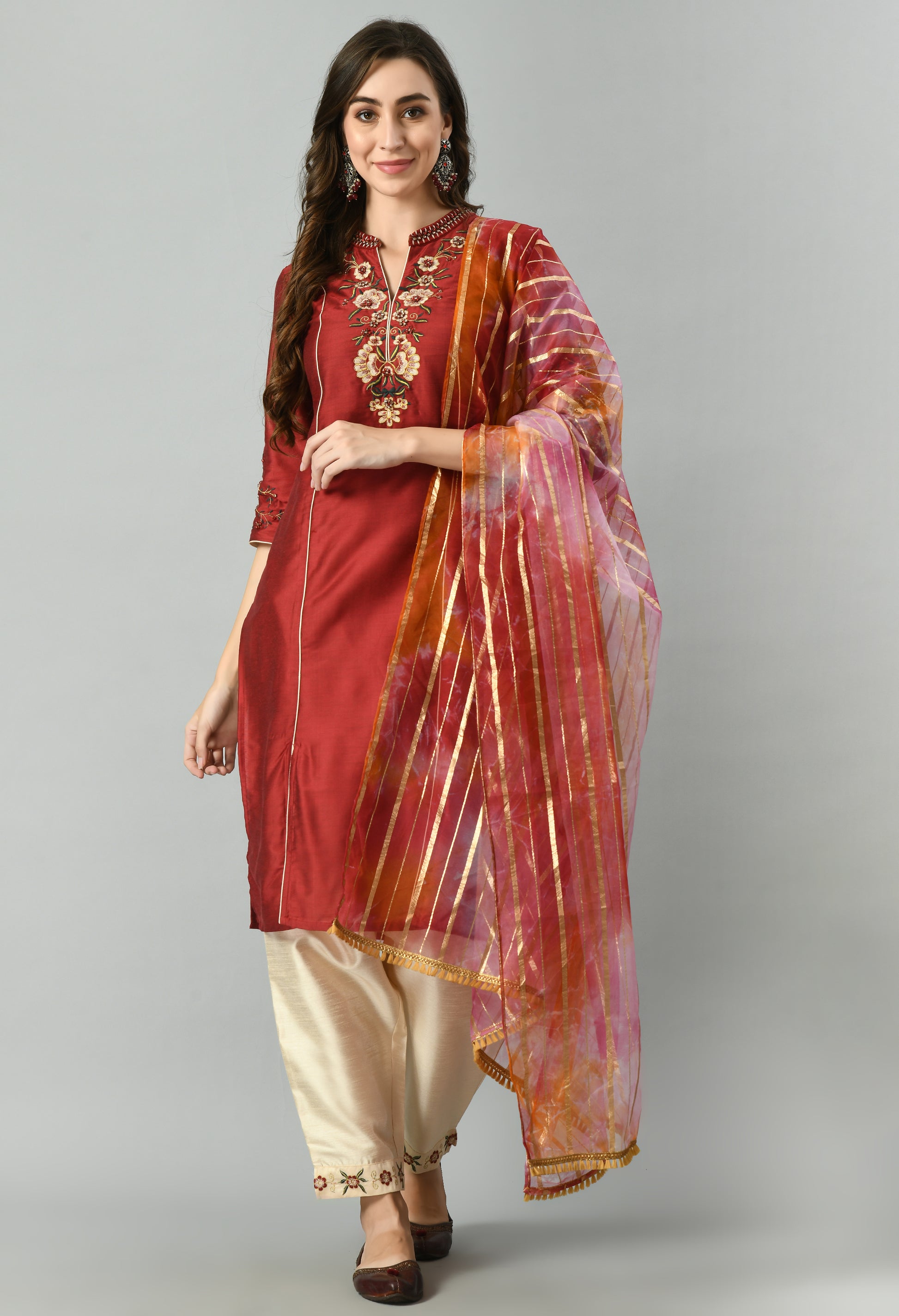 Women Polyester Kurta Pant Dupatta Set