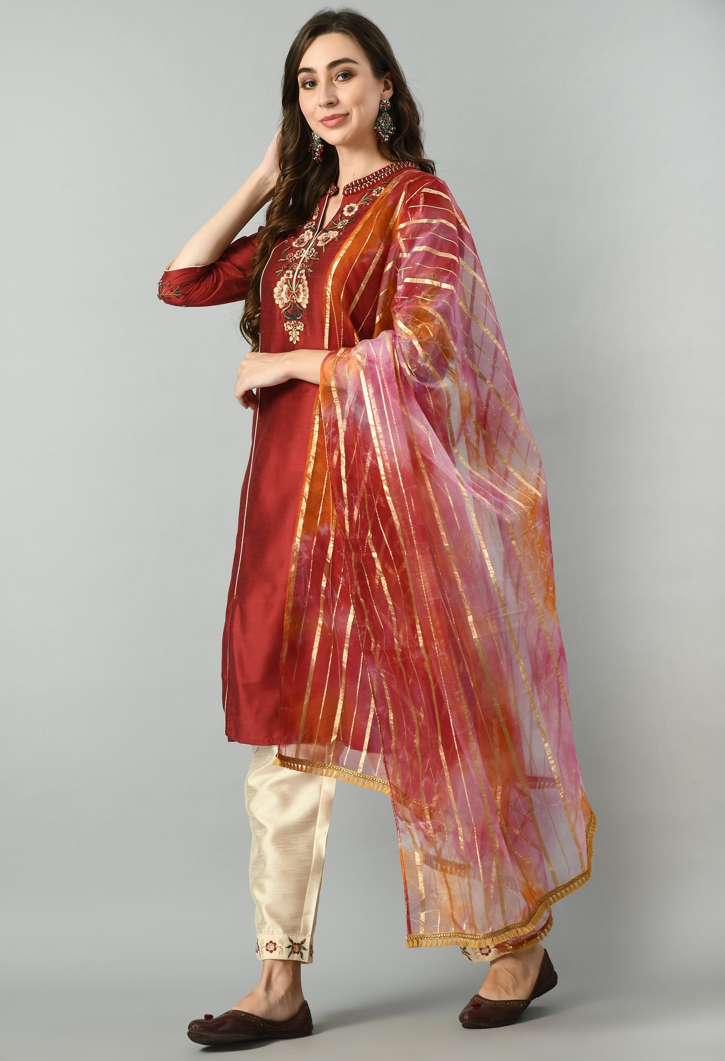 Women Polyester Kurta Pant Dupatta Set