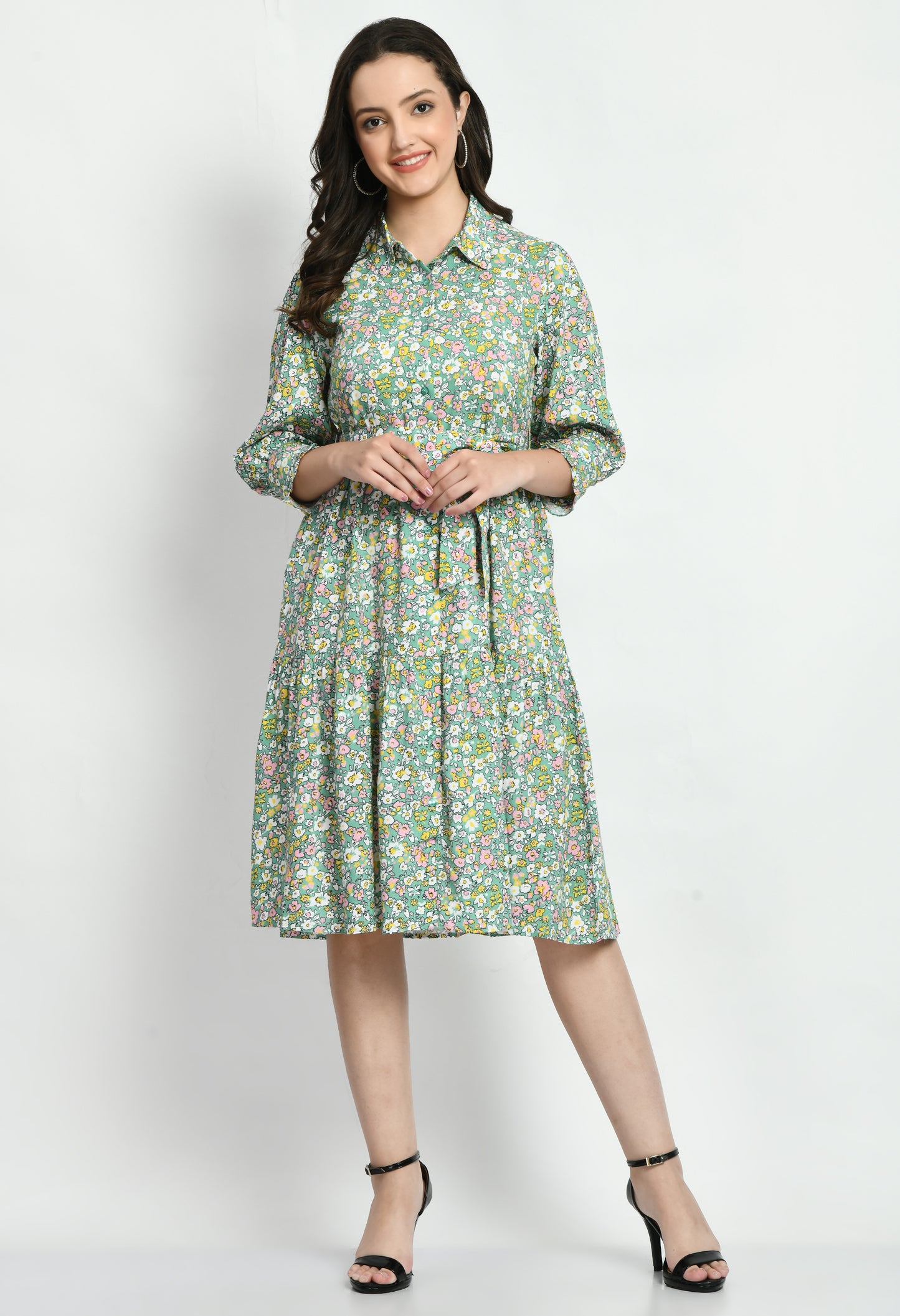 "Rayon Printed Ruffles Cuff Dress featuring a stylish A-line silhouette with a vibrant print. The dress has a flattering neckline and charming ruffle cuffs at the sleeve ends, offering a chic and comfortable look for casual wear."