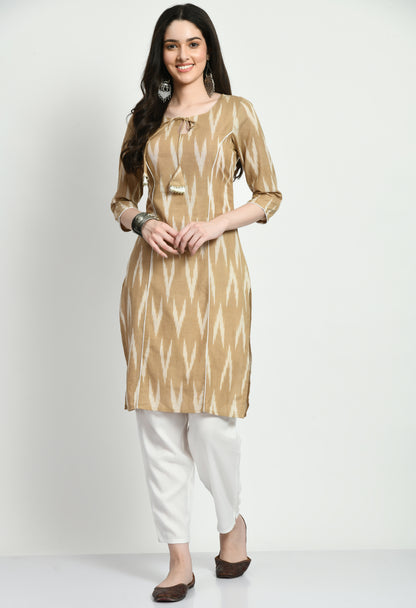 Women Beige Key Hole Neck Kurta Pant Set