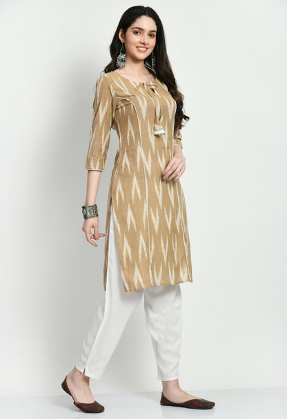 Women Beige Key Hole Neck Kurta Pant Set