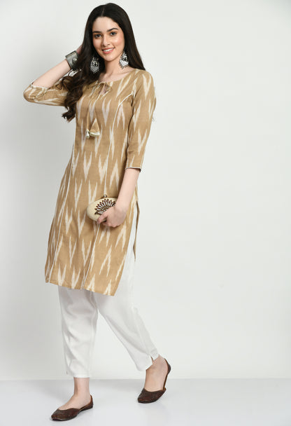 Women Beige Key Hole Neck Kurta Pant Set