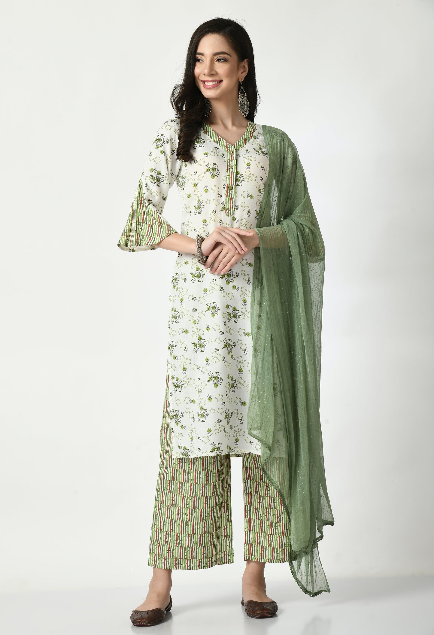 "Elegant women's ethnic ensemble featuring a printed kurta, palazzo pants, and a matching dupatta. The set showcases intricate patterns and a stylish design, ideal for festive or casual occasions."