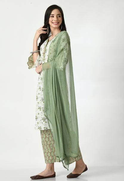 "Elegant women's ethnic ensemble featuring a printed kurta, palazzo pants, and a matching dupatta. The set showcases intricate patterns and a stylish design, ideal for festive or casual occasions."