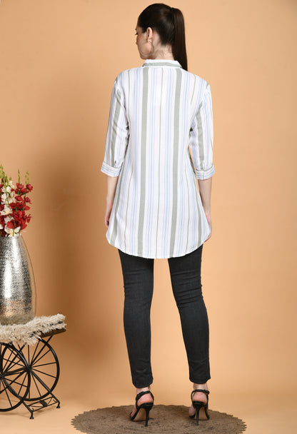 The Rayon White Stripes Shirt has a classic tailored style with vertical white stripes. The shirt has a traditional collar, long sleeves with buttoned cuffs, and a button-down front. Because of the softness and breathability of the rayon fabric, it combines comfort and style."