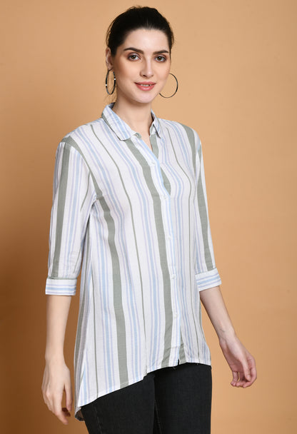 The Rayon White Stripes Shirt has a classic tailored style with vertical white stripes. The shirt has a traditional collar, long sleeves with buttoned cuffs, and a button-down front. Because of the softness and breathability of the rayon fabric, it combines comfort and style."