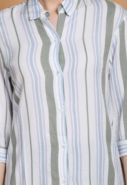 The Rayon White Stripes Shirt has a classic tailored style with vertical white stripes. The shirt has a traditional collar, long sleeves with buttoned cuffs, and a button-down front. Because of the softness and breathability of the rayon fabric, it combines comfort and style."