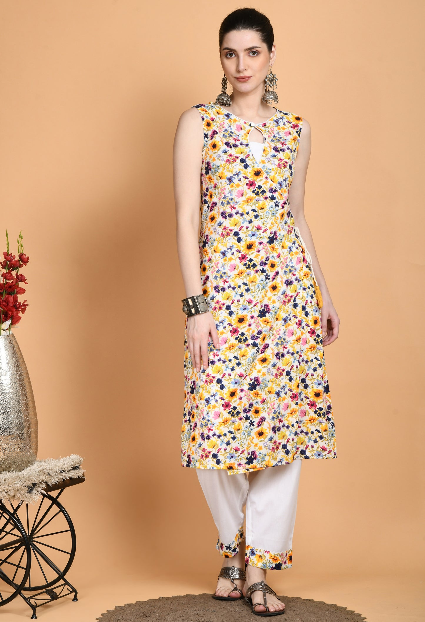 "Rayon Printed Kurta with Solid Pajama featuring a flowing, printed kurta with a classic neckline and short or three-quarter sleeves, paired with a comfortable solid pajama. The kurta's vibrant print and the pajama's simple, elegant design create a chic and effortless look."