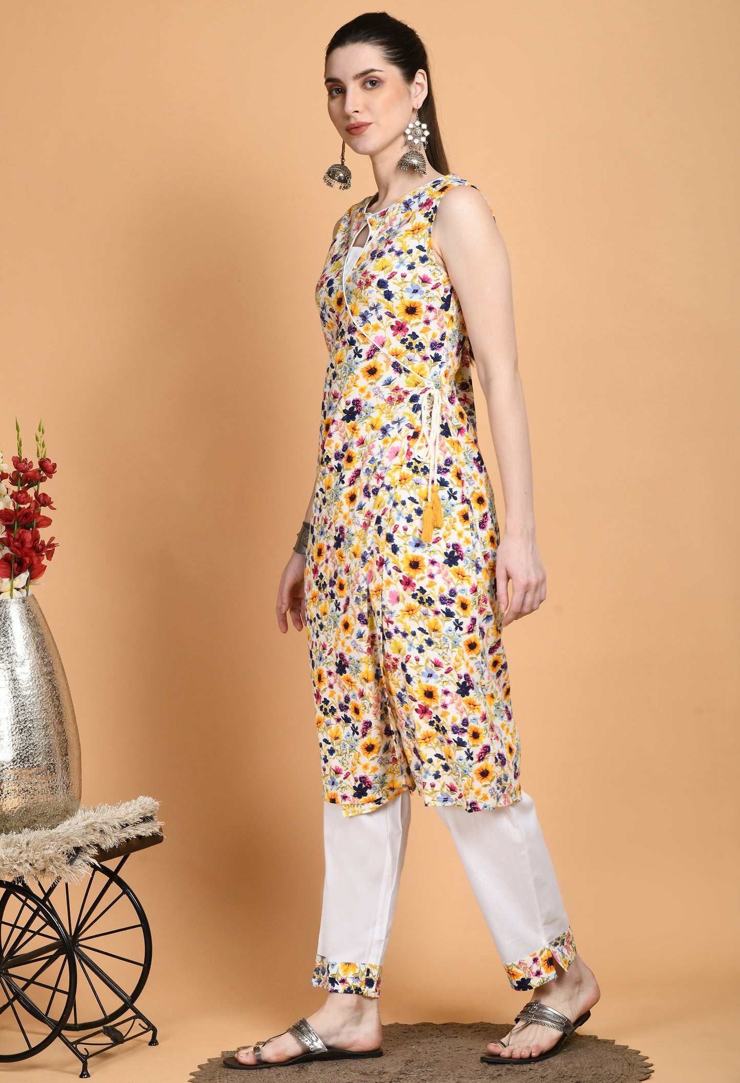 "Rayon Printed Kurta with Solid Pajama featuring a flowing, printed kurta with a classic neckline and short or three-quarter sleeves, paired with a comfortable solid pajama. The kurta's vibrant print and the pajama's simple, elegant design create a chic and effortless look."