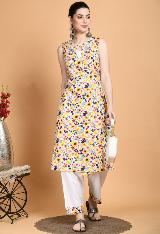 "Rayon Printed Kurta with Solid Pajama featuring a flowing, printed kurta with a classic neckline and short or three-quarter sleeves, paired with a comfortable solid pajama. The kurta's vibrant print and the pajama's simple, elegant design create a chic and effortless look."