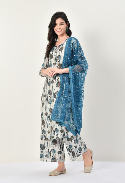 Elegance Redefined: Neel & Ned's Exquisite Viscose Embroidered Kurta, Palazzo, and Dupatta Ensemble"