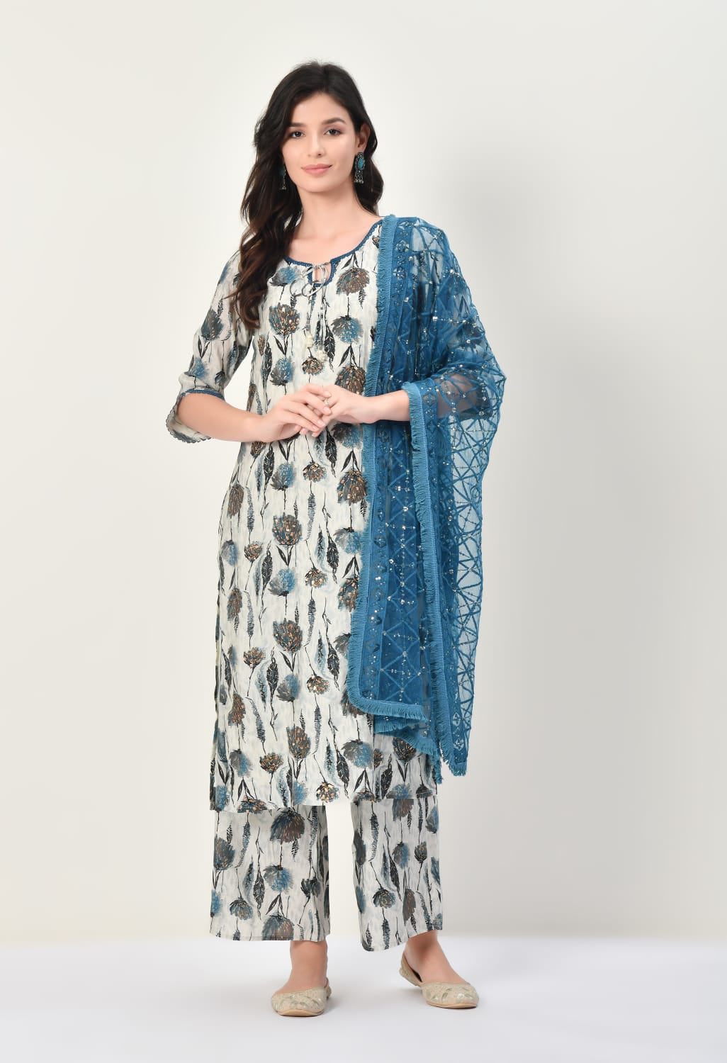 Elegance Redefined: Neel & Ned's Exquisite Viscose Embroidered Kurta, Palazzo, and Dupatta Ensemble"