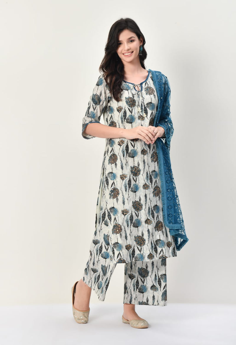 Exquisite Viscose Embroidered Kurta, Palazzo,and Dupatta Ensemble