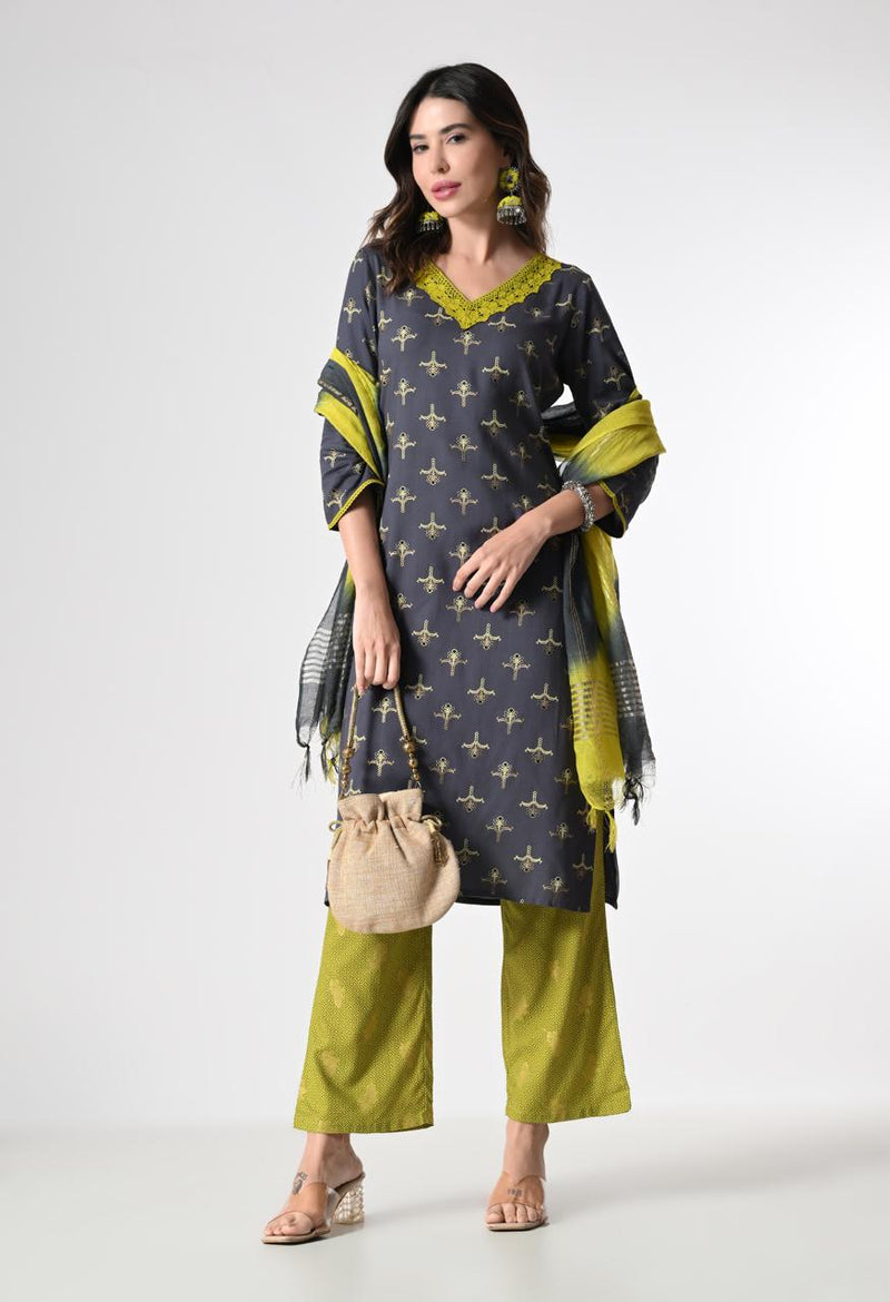 Women Grey Kutra and Palazzo Ensemble with Duppata