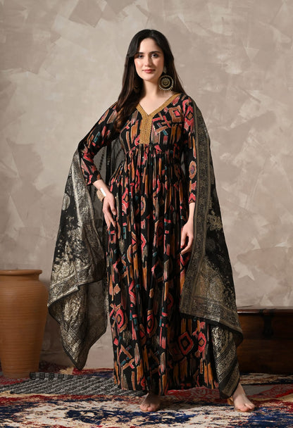 "Graceful Elegance: Stunning Black Gown with Exquisite Dupatta"