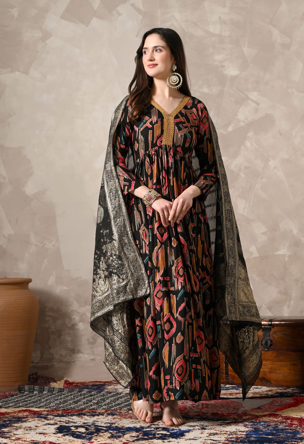 "Graceful Elegance: Stunning Black Gown with Exquisite Dupatta"
