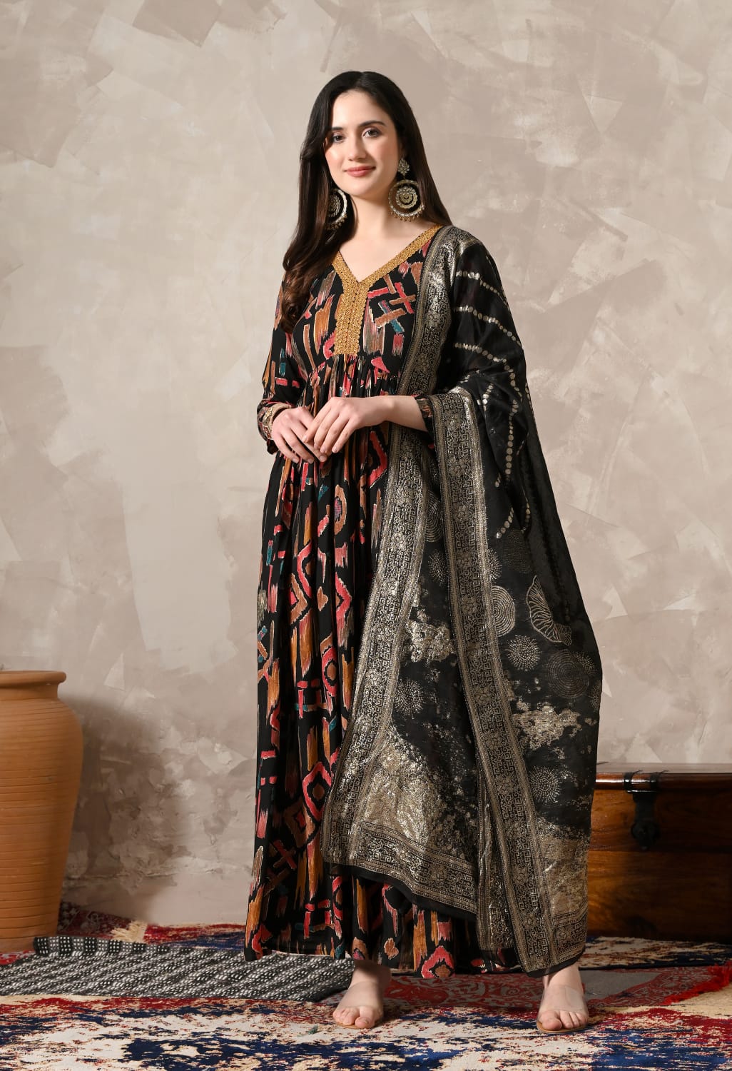"Graceful Elegance: Stunning Black Gown with Exquisite Dupatta"
