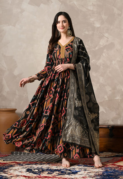 "Graceful Elegance: Stunning Black Gown with Exquisite Dupatta"