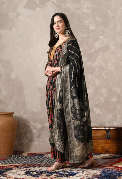 "Graceful Elegance: Stunning Black Gown with Exquisite Dupatta"