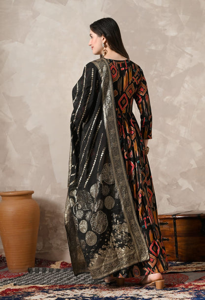 "Graceful Elegance: Stunning Black Gown with Exquisite Dupatta"