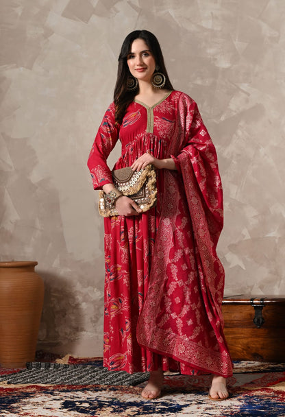 "Enchanting Elegance: Pink Lace Work Gown Adorned with a Beautiful Dupatta"