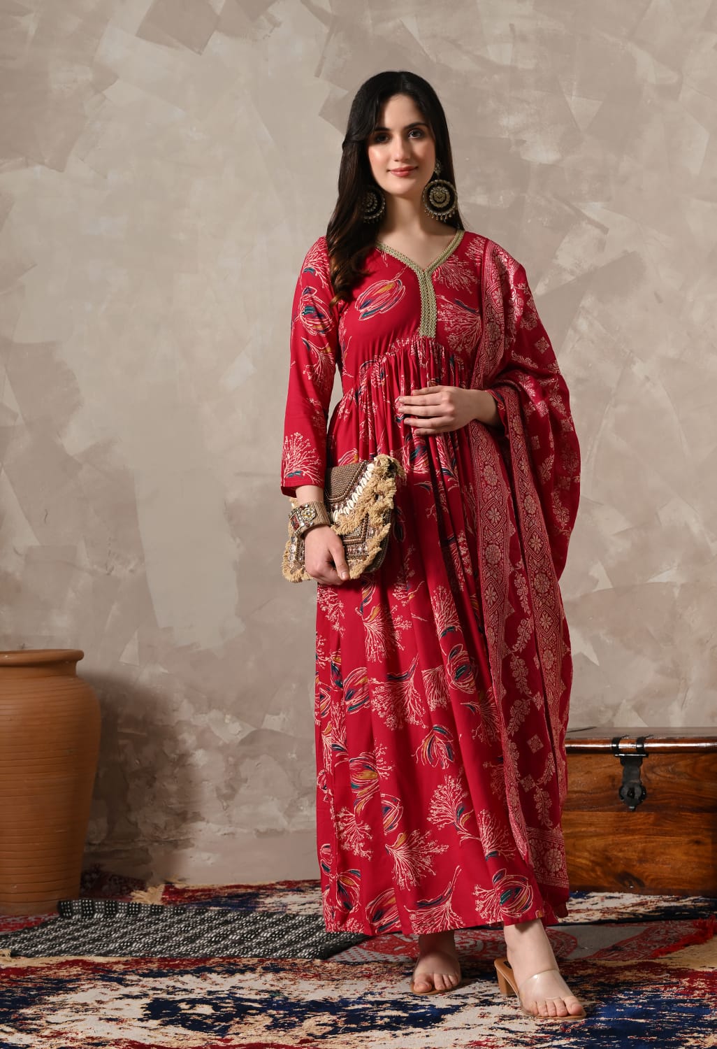 "Enchanting Elegance: Pink Lace Work Gown Adorned with a Beautiful Dupatta"