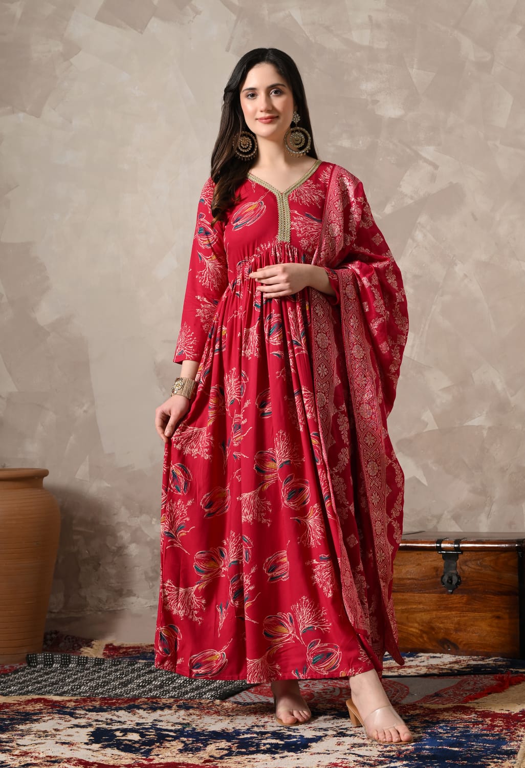 "Enchanting Elegance: Pink Lace Work Gown Adorned with a Beautiful Dupatta"