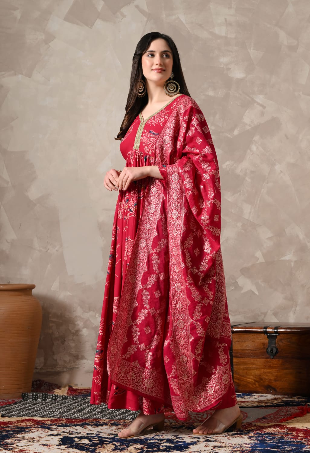 "Enchanting Elegance: Pink Lace Work Gown Adorned with a Beautiful Dupatta"