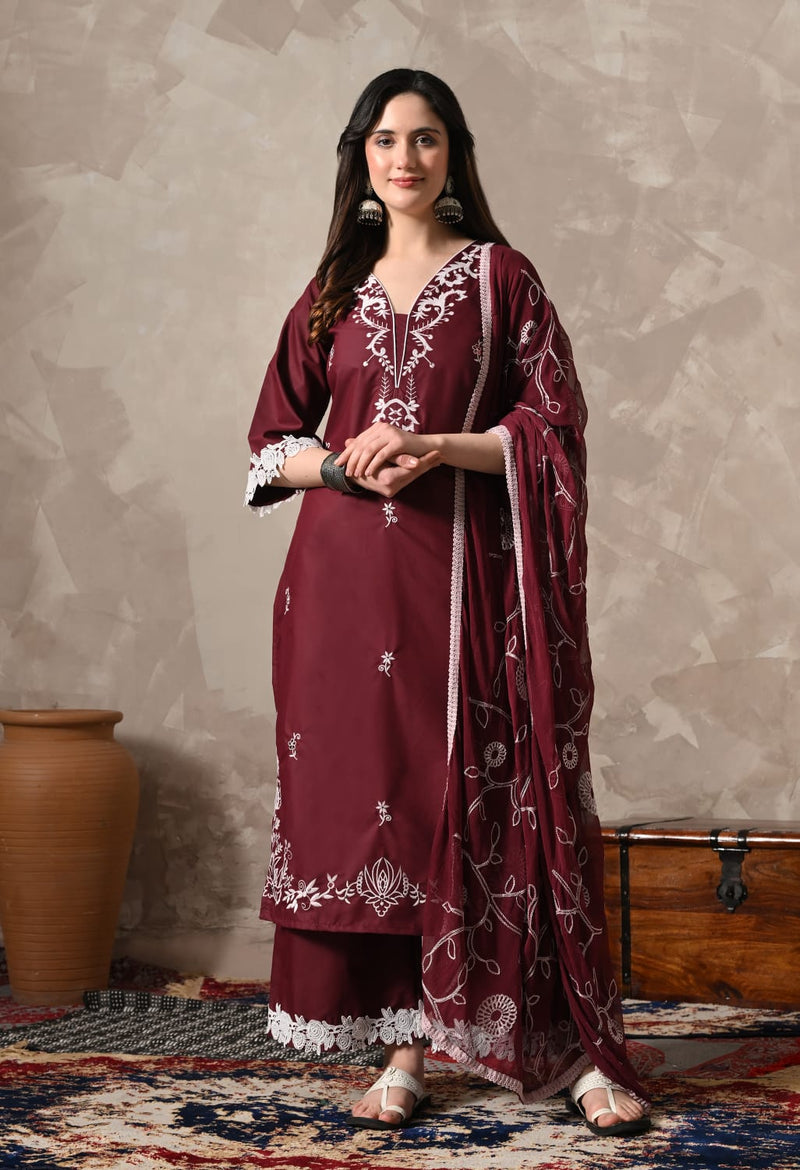 "Glamorous Grace: The Mehroon Embroidered Kurta Set with Dupatta"
