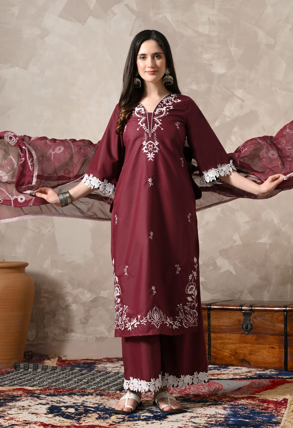 "Glamorous Grace: The Mehroon Embroidered Kurta Set with Dupatta"