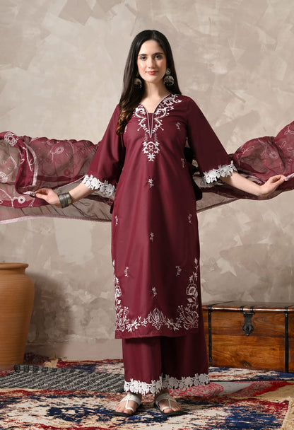 "Glamorous Grace: The Mehroon Embroidered Kurta Set with Dupatta"