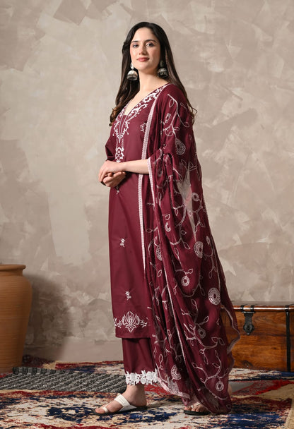 "Glamorous Grace: The Mehroon Embroidered Kurta Set with Dupatta"