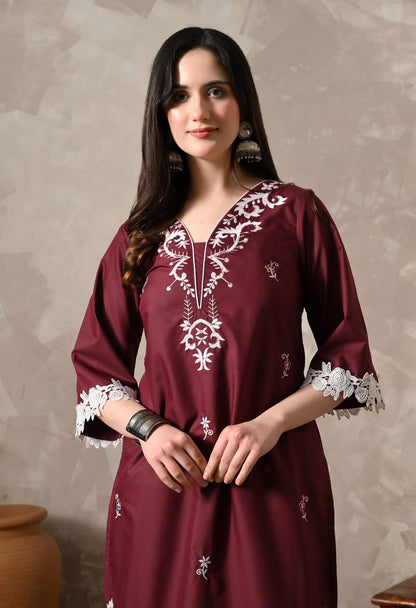 "Glamorous Grace: The Mehroon Embroidered Kurta Set with Dupatta"