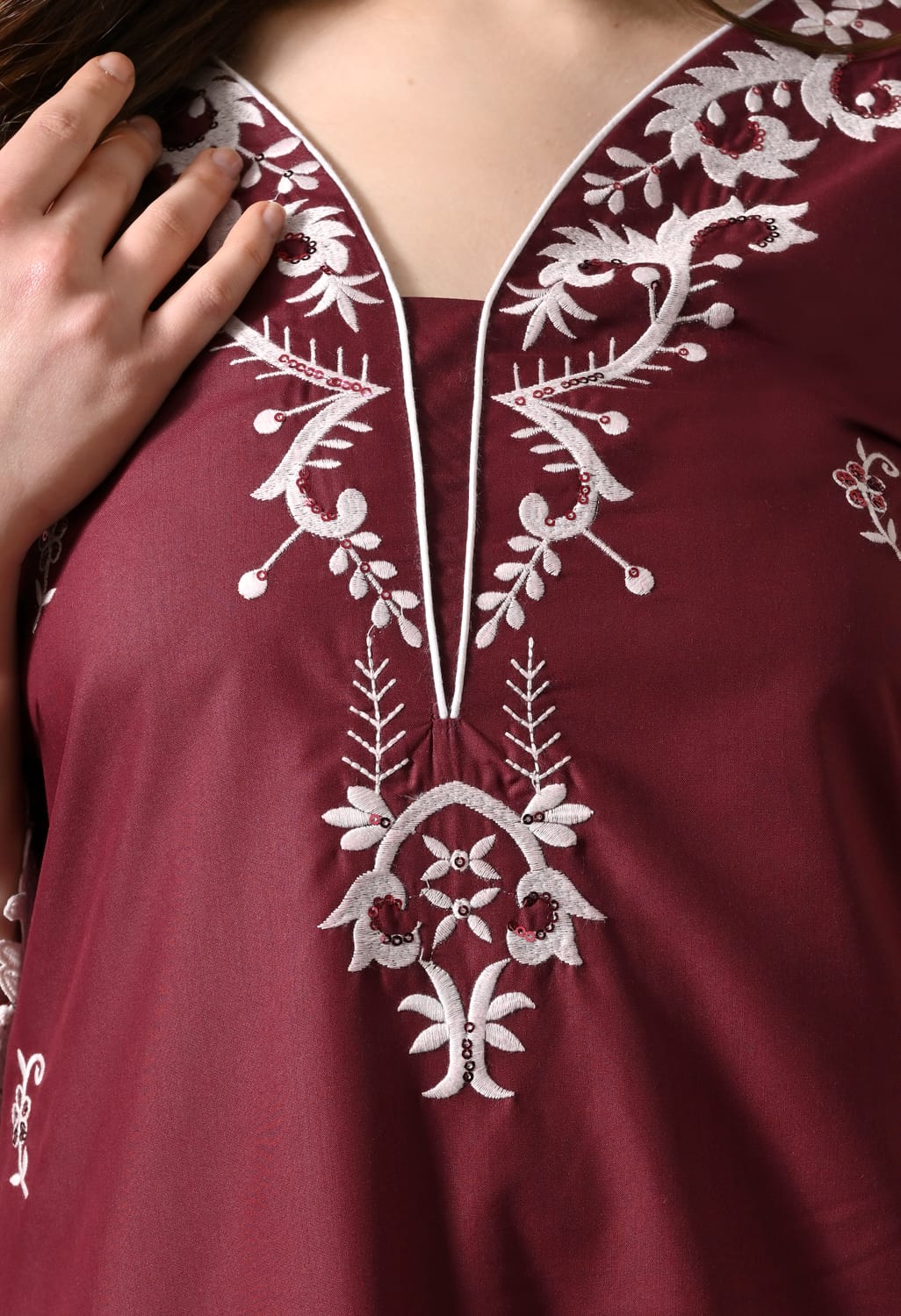 "Glamorous Grace: The Mehroon Embroidered Kurta Set with Dupatta"