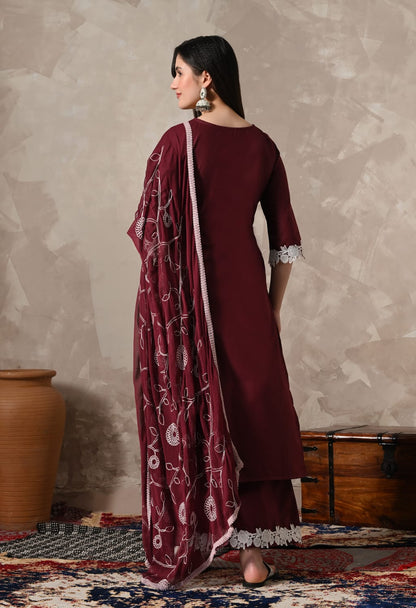 "Glamorous Grace: The Mehroon Embroidered Kurta Set with Dupatta"
