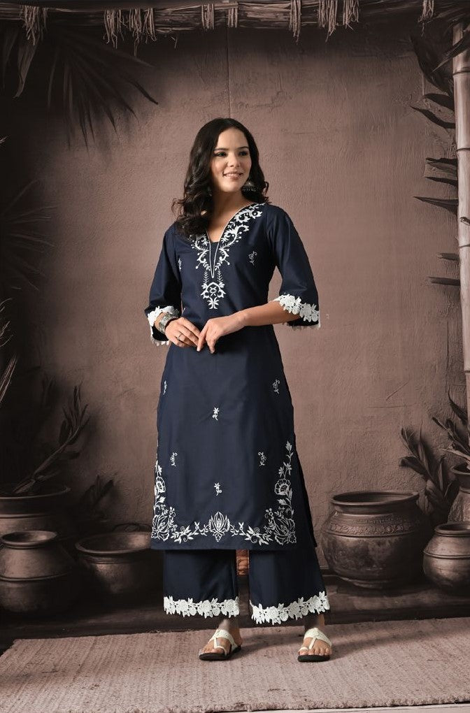 "Chic Indigo Elegance: The Perfect Blue Embroidered Kurta Set With Dupatta"