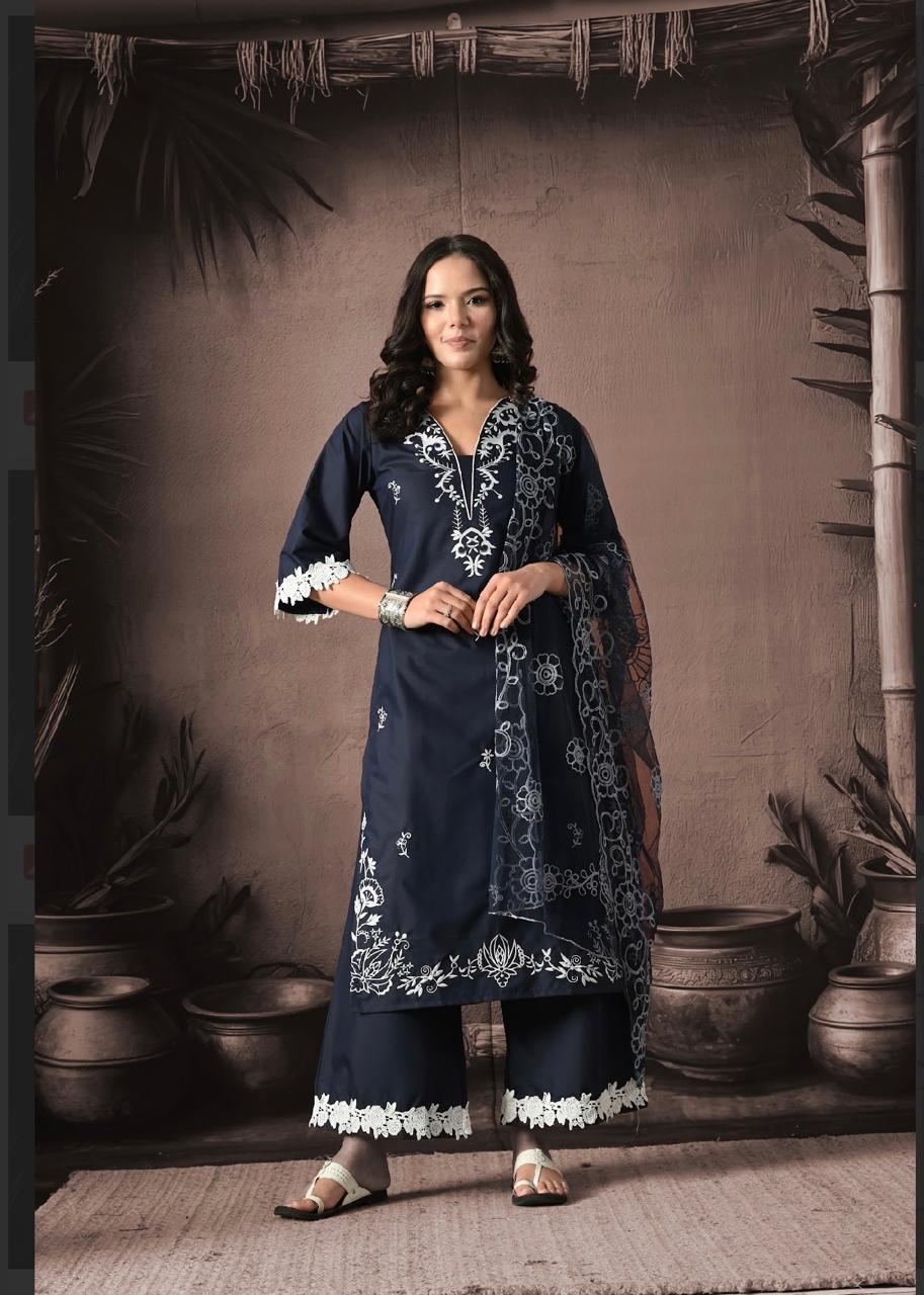 "Chic Indigo Elegance: The Perfect Blue Embroidered Kurta Set With Dupatta"