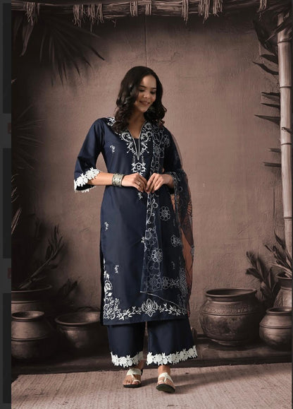 "Chic Indigo Elegance: The Perfect Blue Embroidered Kurta Set With Dupatta"