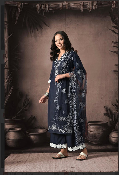 "Chic Indigo Elegance: The Perfect Blue Embroidered Kurta Set With Dupatta"