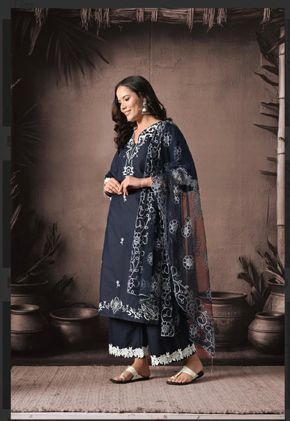 "Chic Indigo Elegance: The Perfect Blue Embroidered Kurta Set With Dupatta"