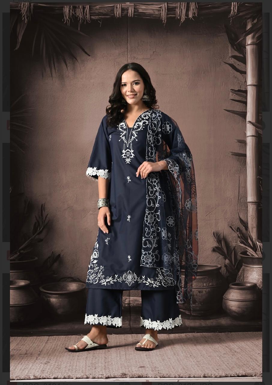 "Chic Indigo Elegance: The Perfect Blue Embroidered Kurta Set With Dupatta"
